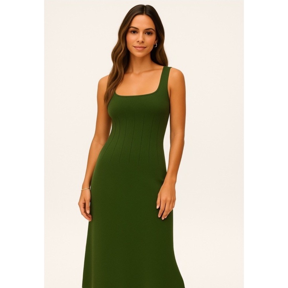 White + Warren Paperfine Dress Small Rare Maxi GREEN Sleeveless Square Neck Knit
